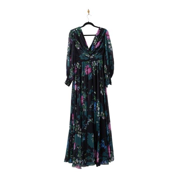 Badgley Mischka Pleated Black Floral Gown Size 4 - Picture 5 of 10